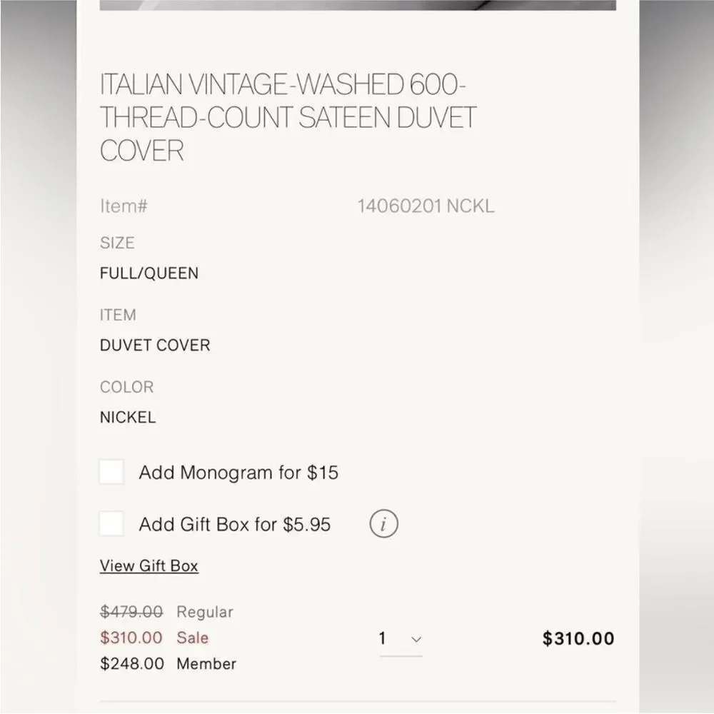 Restoration Hardware RH 600TC Sateen Duvet Cover Gray Silver Nickel NWOT